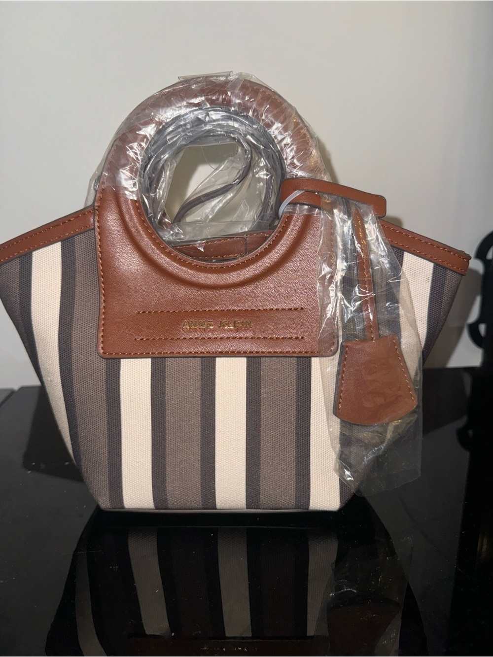 Anne Klein Brown & Cream Striped Mini Tote Bag